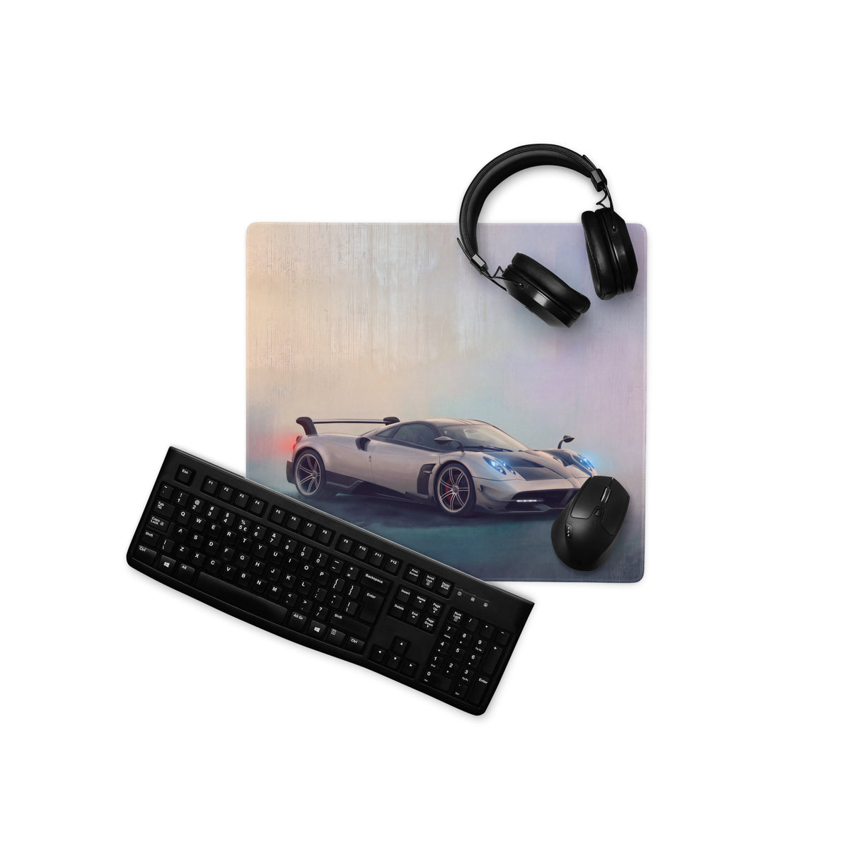 Silver pagani huayra sports car graphic printed on a rectangular extended non slip pc mouse pad desk mat