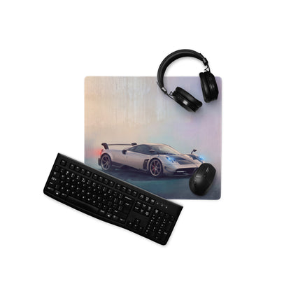 Silver pagani huayra sports car graphic printed on a rectangular extended non slip pc mouse pad desk mat