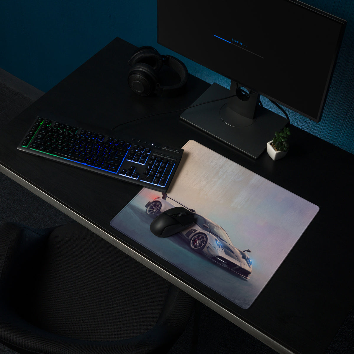 A sleek rectangular pagani huayra inspired silver halo desk pad with a hypercar print and non slip surface