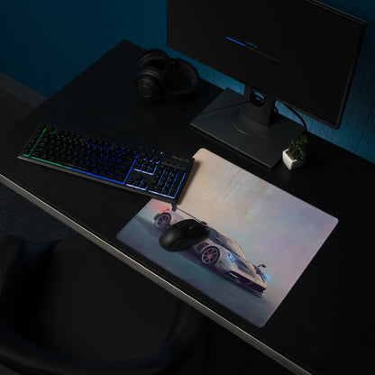 A sleek rectangular pagani huayra inspired silver halo desk pad with a hypercar print and non slip surface