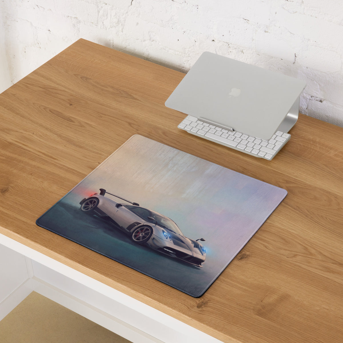 Rectangular silver halo desk pad mouse mat with high resolution white pagani huayra bc print and non slip surface