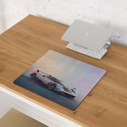 Rectangular silver halo desk pad mouse mat with high resolution white pagani huayra bc print and non slip surface