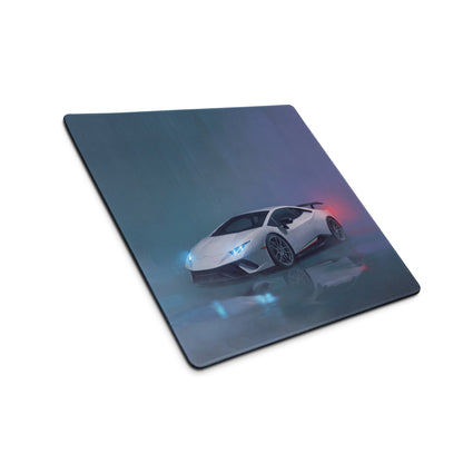 White Lamborghini Huracán sports car graphic printed on sleek glossy rectangular high-precision XL gaming mousepad