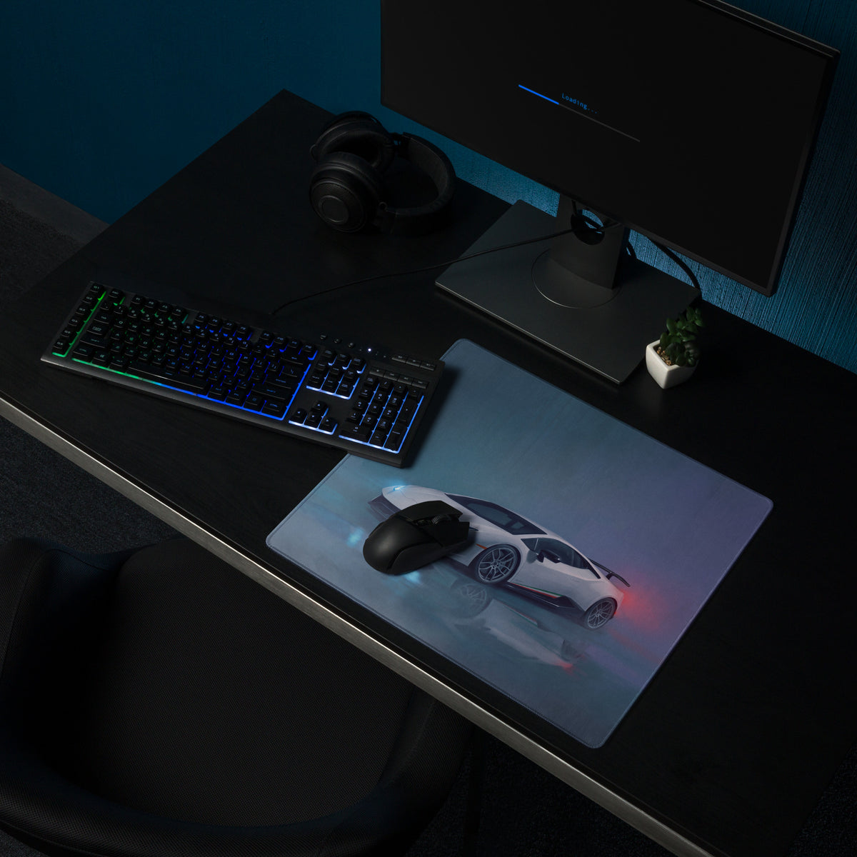 White Lamborghini Huracán inspired Performante desk mat with glossy finish and subtle red accent lighting for gaming