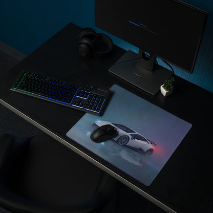 White Lamborghini Huracán inspired Performante desk mat with glossy finish and subtle red accent lighting for gaming
