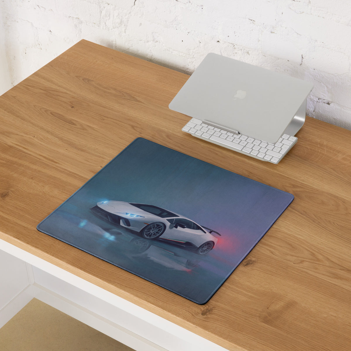 Rectangular high precision xl gaming mousepad with glossy white lamborghini huracán performante print and glowing accents