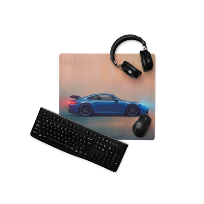 Porsche 911 gt3 inspired shark blue profile desk pad featuring a blue sports car graphic and ultra-glide stitched edge