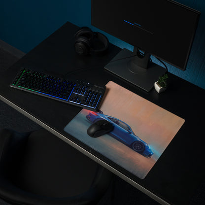 Porsche 911 gt3 inspired shark blue profile desk pad with ultra-glide stitched edge and vibrant neon lighting accents