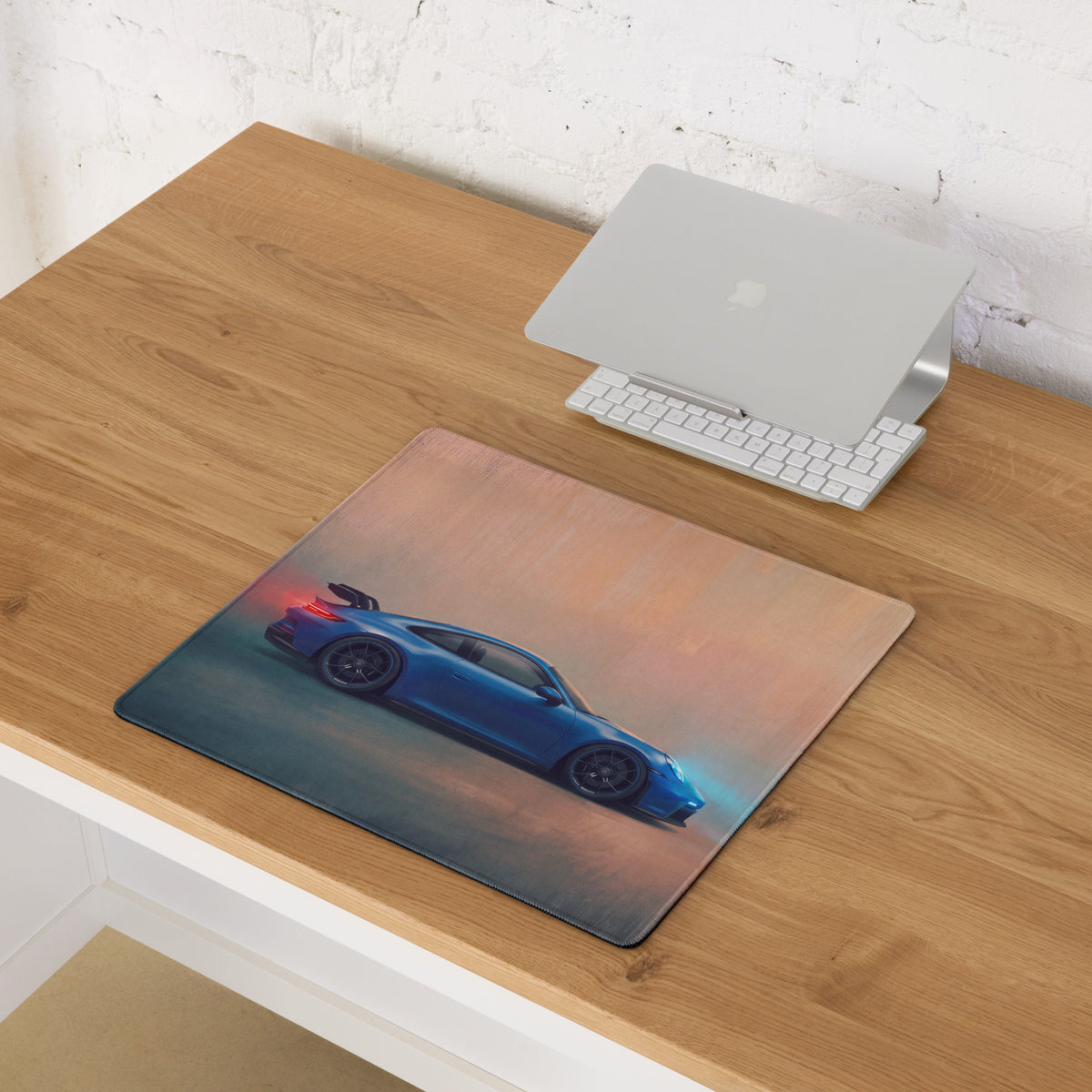 Blue sports car graphic on porsche 911 gt3 inspired shark blue profile stitched edge gaming mouse pad