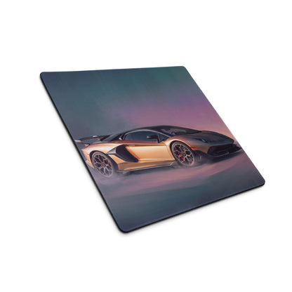 Golden lamborghini aventador graphic printed on bronze extended non slip desk pad for pc mouse use