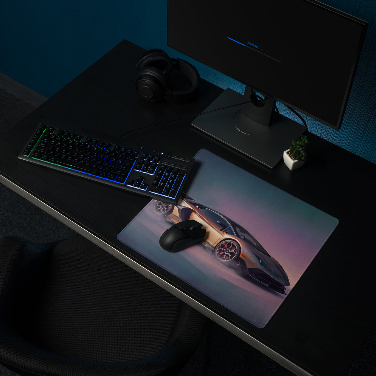 A sleek rectangular Lamborghini Aventador inspired bronze SVJ non-slip gaming mousepad with gold black car image
