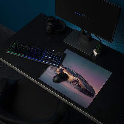 A sleek rectangular Lamborghini Aventador inspired bronze SVJ non-slip gaming mousepad with gold black car image