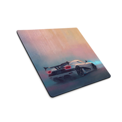 Koenigsegg agera inspired pearl glacier xl gaming mousepad with white hypercar and glowing red taillights design