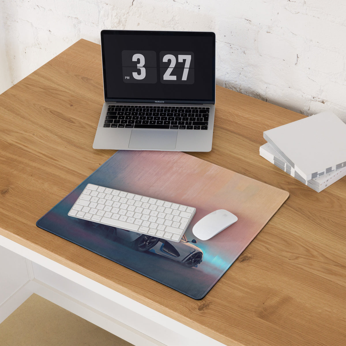 Rectangular koenigsegg agera inspired pearl glacier gaming mousepad with gradient black sports car design under twilight sky