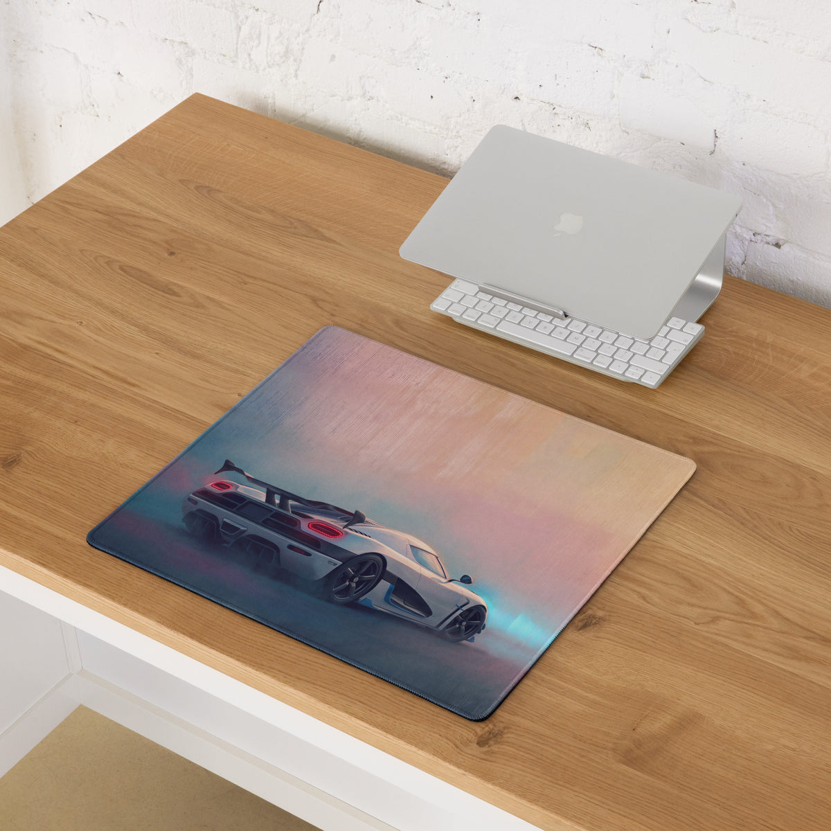 Koenigsegg agera inspired pearl glacier xl gaming mousepad with vibrant white sports car and red taillights graphic