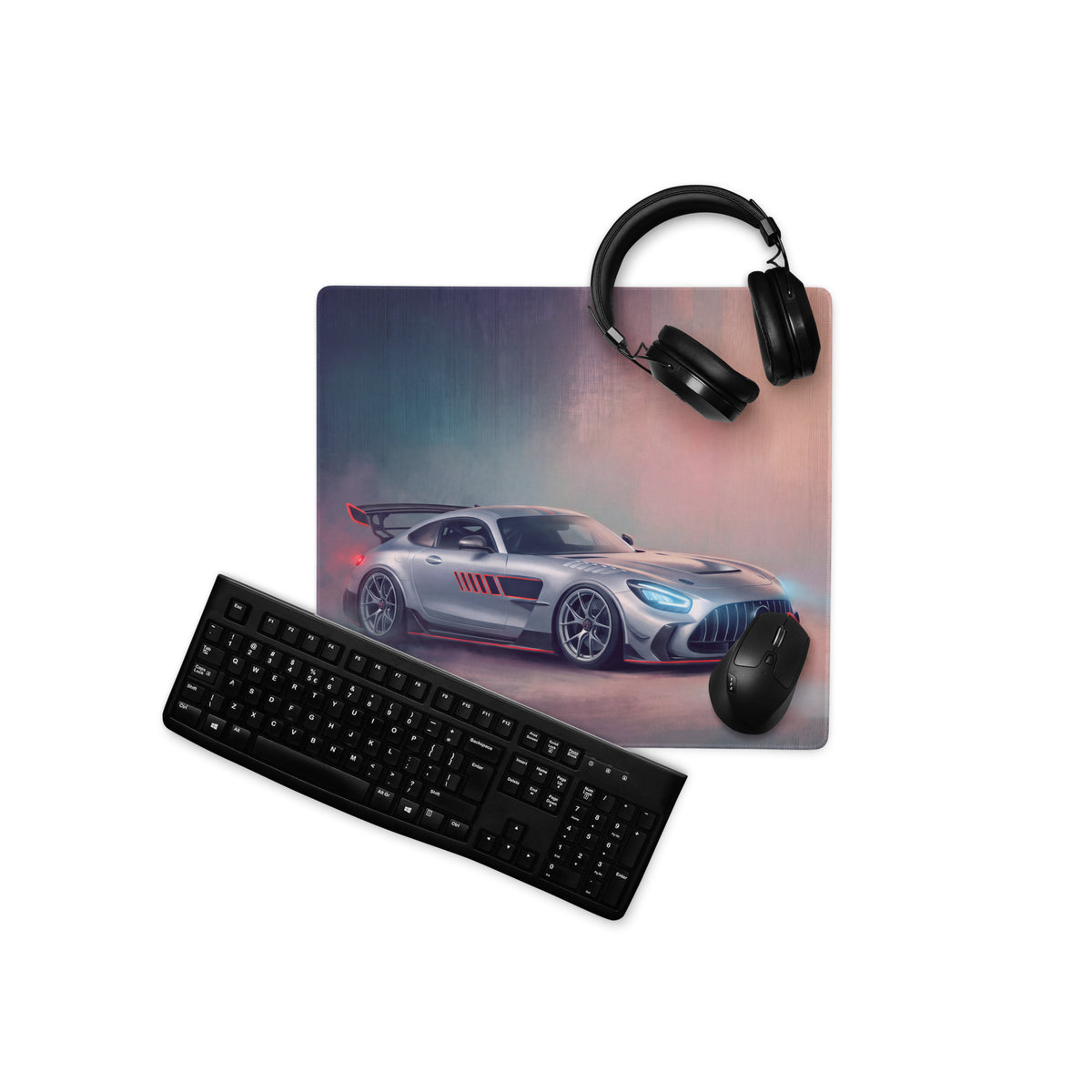 Mercedes-amg gt inspired silver and red racing car graphic printed on rectangular stitched edge gaming mousepad