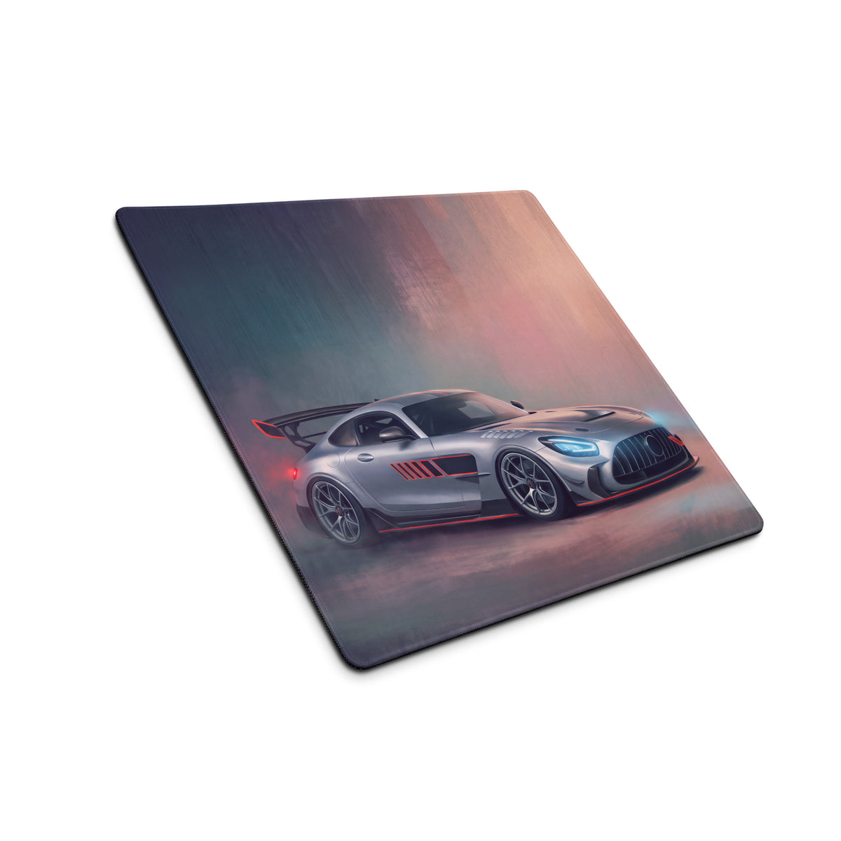 Mercedes-AMG GT inspired silver and red racing car graphic printed on rectangular ultra-glide stitched edge mousepad
