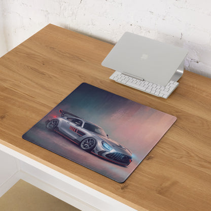 Silver and red racing car graphic printed on a stitched edge mercedes-amg gt inspired silver track desk pad