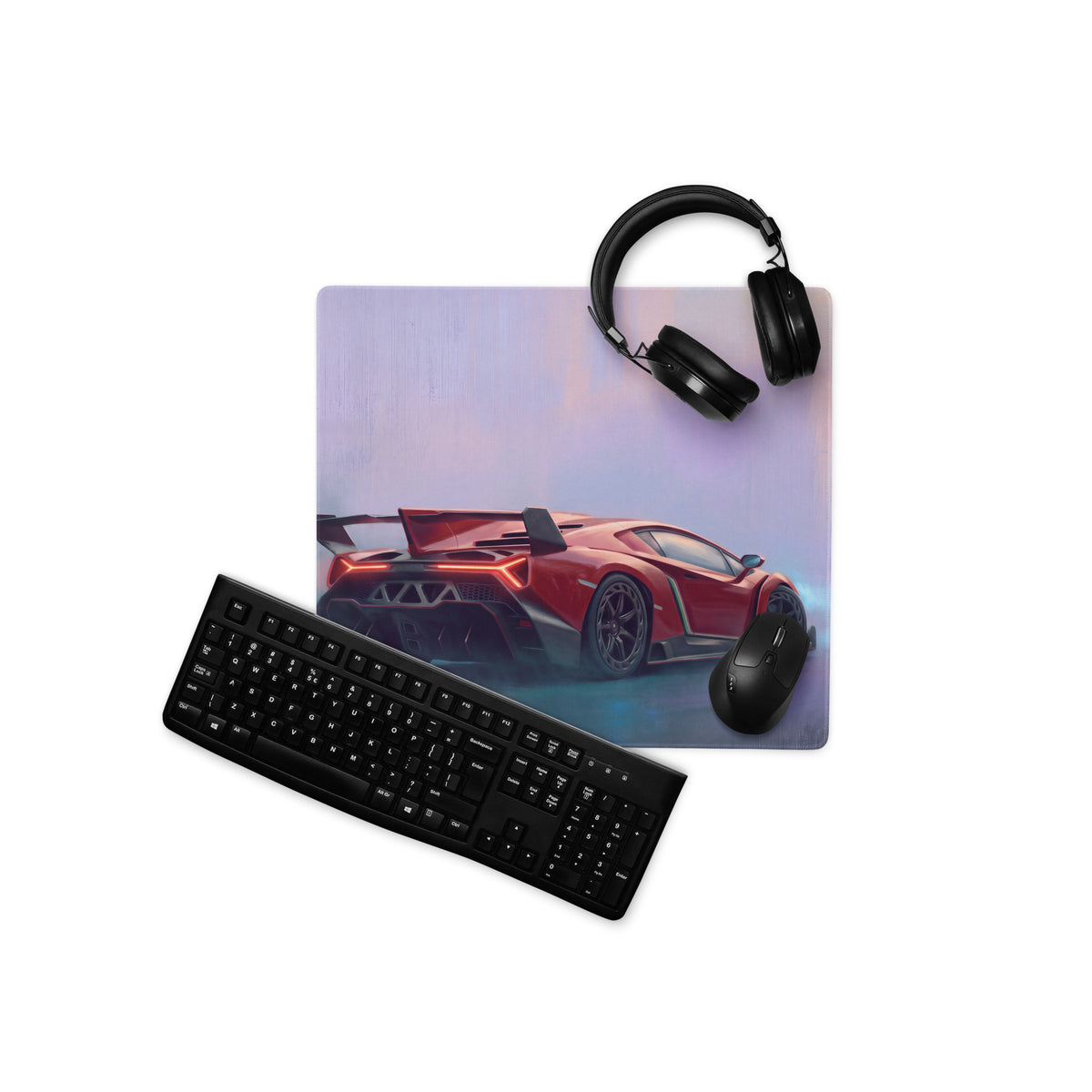 Red sports car graphic printed on a rectangular low-friction cloth lamborghini veneno inspired rosso apex desk mat