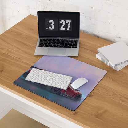 Rectangular low-friction cloth mousepad featuring a vibrant red lamborghini veneno inspired sports car graphic on purple and blue gradient background