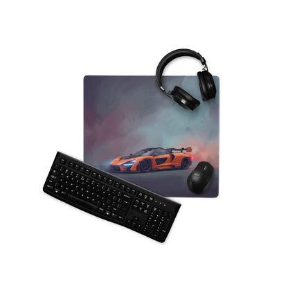 Orange mclaren sports car graphic printed on a rectangular non-slip extended desk pad mouse mat