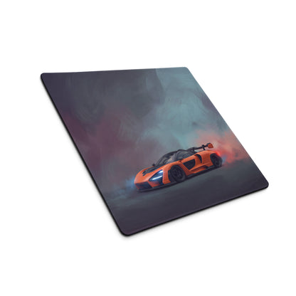Black rectangular non slip pc mousepad featuring an orange McLaren Senna inspired papaya drift sports car graphic