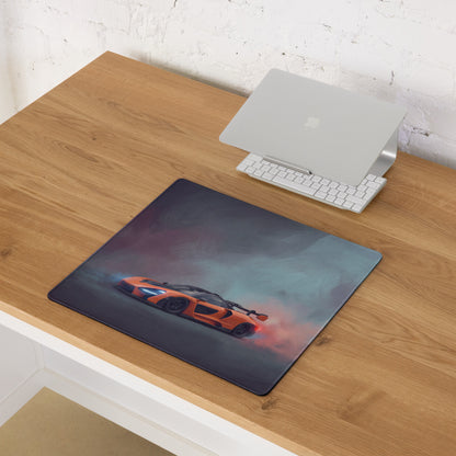 Orange sports car graphic on dark gray non-slip extended McLaren Senna inspired papaya drift desk mouse pad