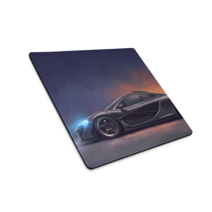 Black mclaren p1 racing car graphic on a charcoal xl gaming mousepad designed for high precision control