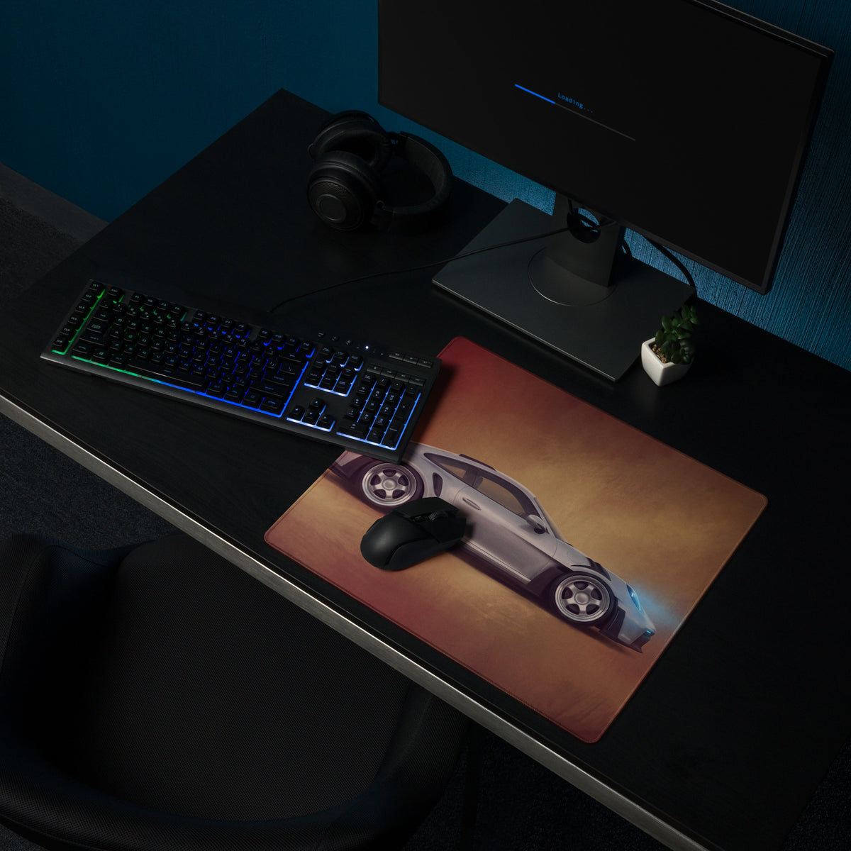 Porsche 911 gt3 rs inspired silver apex desk pad with silver sports car illustration and stitched edge gaming mouse mat