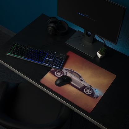 Porsche 911 gt3 rs inspired silver apex desk pad with silver sports car illustration and stitched edge gaming mouse mat