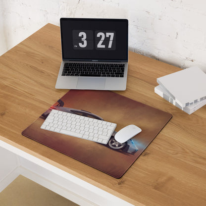 Brown car-themed glossy finish porsche 911 gt3 rs inspired silver apex desk pad with detailed sports car graphic