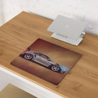 Silver porsche 911 gt3 rs inspired sports car graphic printed on brown leather desk pad with stitched edge