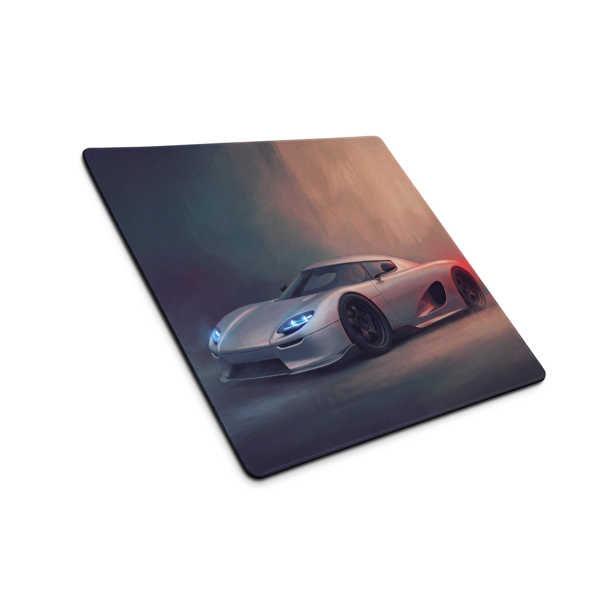Koenigsegg CCX inspired silver hypercar graphic printed on a low-friction rectangular desk mat mousepad