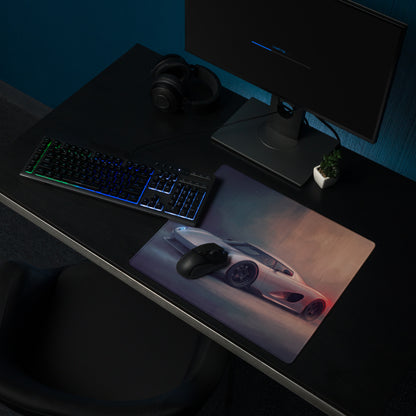 A sleek silver koenigsegg ccx inspired desk mat with low-friction surface featuring a white hypercar print