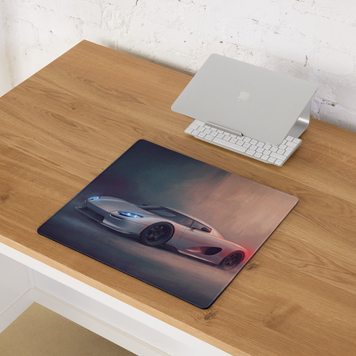 Koenigsegg ccx inspired silver shadow desk mat low friction mousepad with silver sports car graphic and glowing headlights