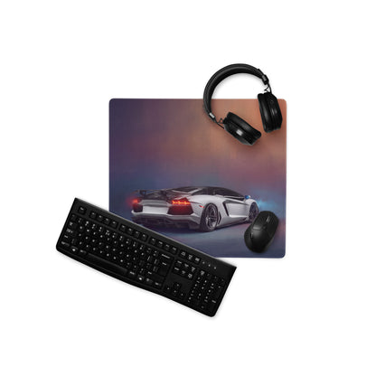 Silver Lamborghini Aventador graphic printed on extended non-slip pearl frost desk pad mouse mat