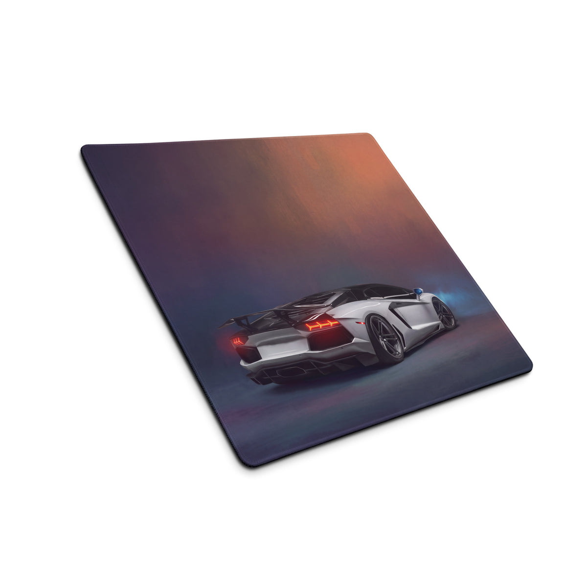 A sleek rectangular non-slip pearl frost desk pad with a white lamborghini aventador illustration at dusk