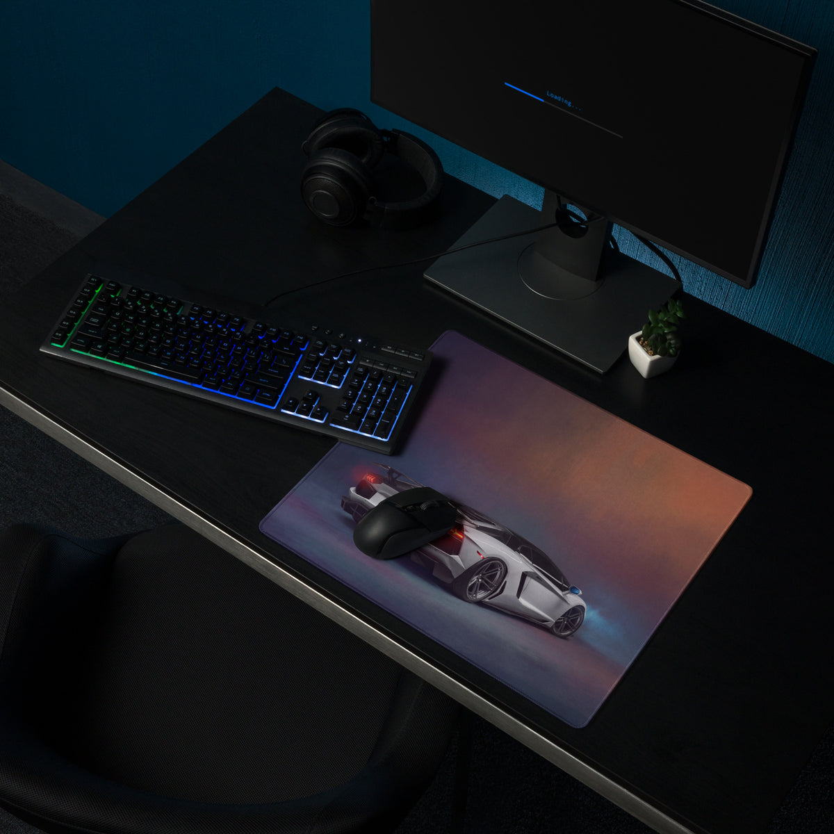 A sleek rectangular lamborghini aventador inspired pearl frost desk pad with a futuristic silver black sports car graphic