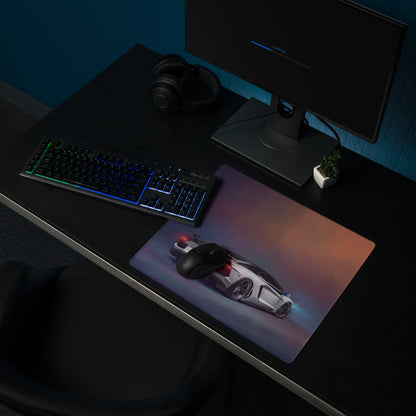 A sleek rectangular lamborghini aventador inspired pearl frost desk pad with a futuristic silver black sports car graphic