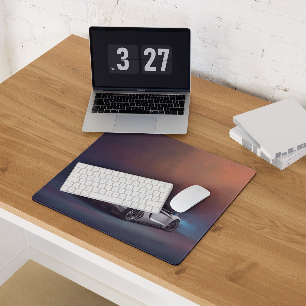 A sleek rectangular lamborghini aventador inspired pearl frost desk pad featuring a black and silver sports car graphic