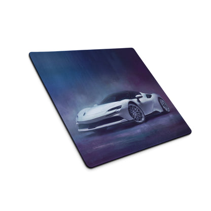 Ferrari sf90 inspired pearl nebula xl gaming mousepad with white ferrari sports car graphic on dark blue purple gradient background