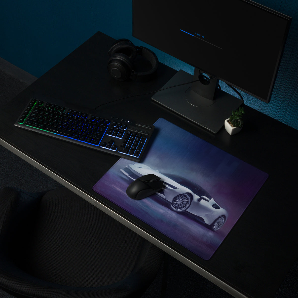 A sleek xl gaming mousepad with a vibrant purple blue gradient and detailed white Ferrari SF90 sports car design