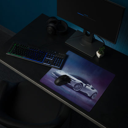 A sleek xl gaming mousepad with a vibrant purple blue gradient and detailed white Ferrari SF90 sports car design