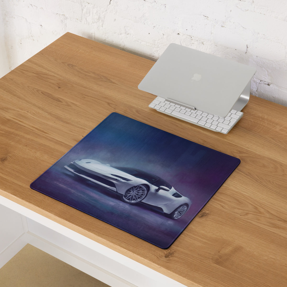 A rectangular high-precision xl gaming mousepad with a white sports car graphic on a dark blue and purple gradient background