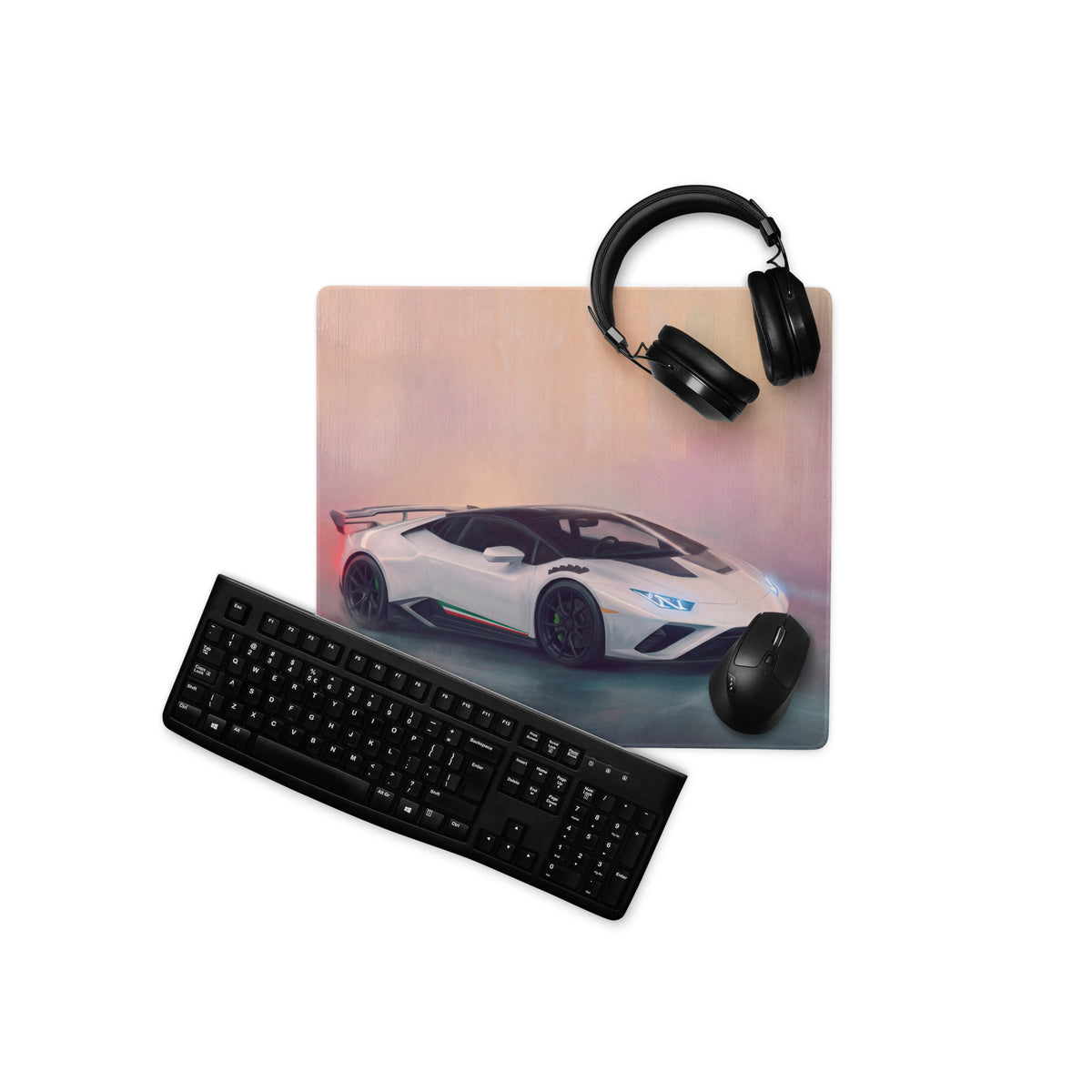 White lamborghini huracán sports car graphic printed on pearl tricolore ultra-glide stitched edge desk pad