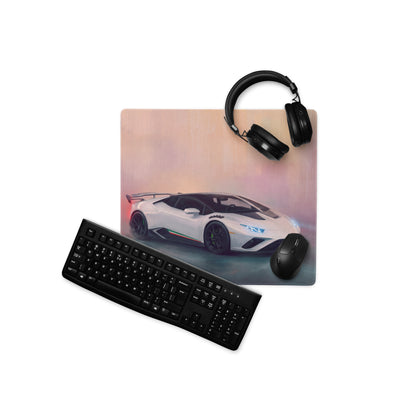 White lamborghini huracán sports car graphic printed on pearl tricolore ultra-glide stitched edge desk pad