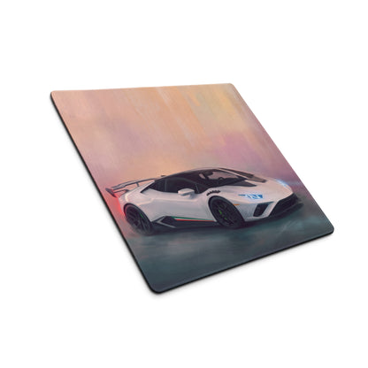 White lamborghini huracán graphic printed on a pearl tricolore stitched edge ultra-glide desk pad mouse mat