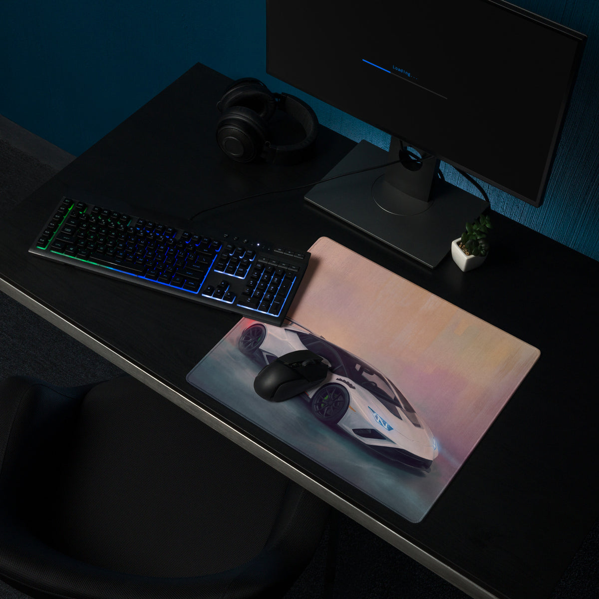 A sleek rectangular lambo huracán inspired pearl tricolore desk pad featuring a white and black sports car graphic