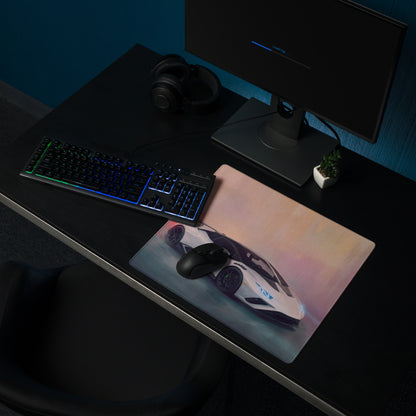 A sleek rectangular lambo huracán inspired pearl tricolore desk pad featuring a white and black sports car graphic