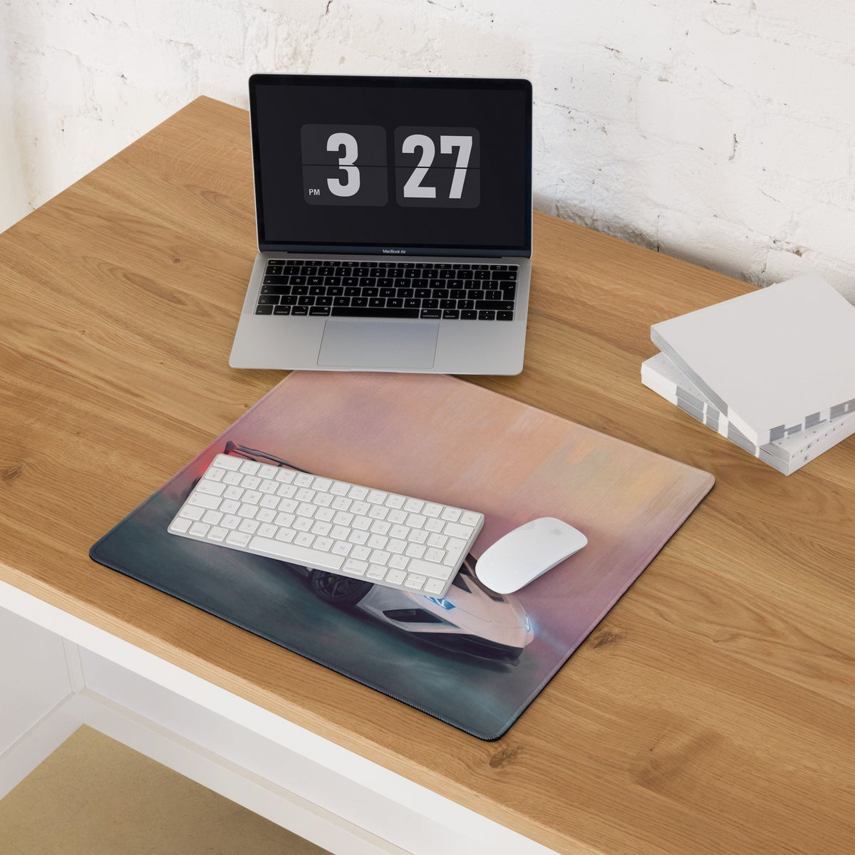 Lamborghini huracán inspired pearl tricolore desk pad with vibrant pink orange blue gradient and futuristic train design